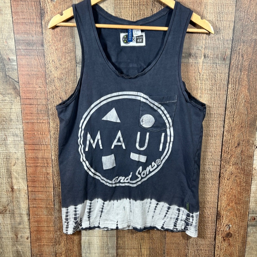 Maui & Sons x H&M Tank Top Shark Graphic Tie Dye Hem Black Medium Surf Beach